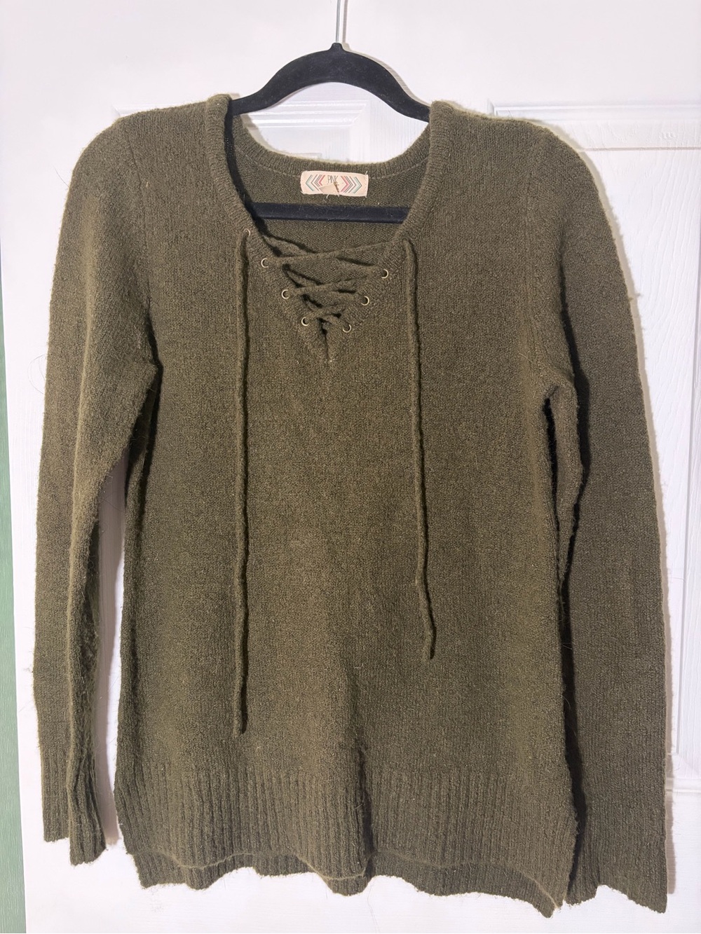 Pink Rose Olive Lace-Up V-Neck Knit Sweater